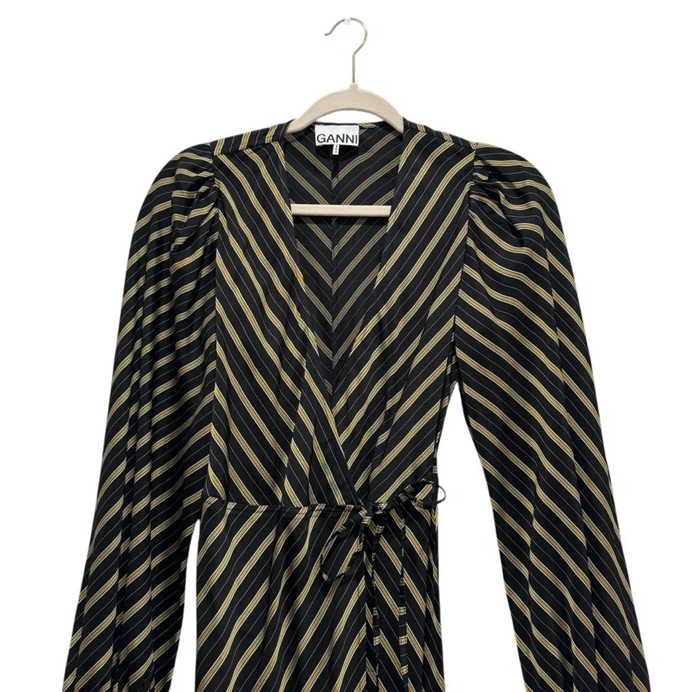 GANNI Striped Long Sleeve Wrap Maxi Dress Size EU 36/S/US 4 Black Gold - Picture 8 of 16